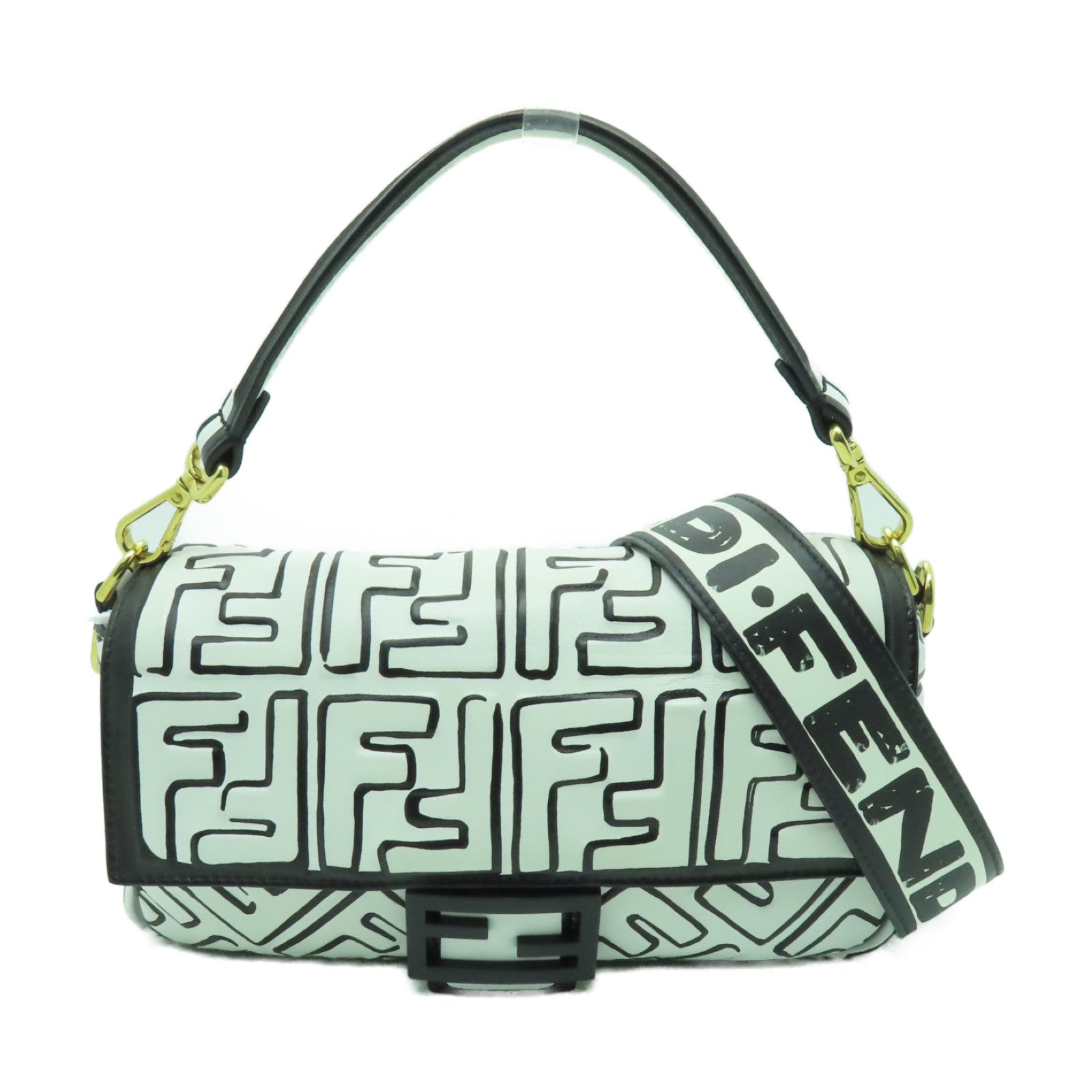 FENDI 皮革2 Way Shoulder金扣手挽肩背兩用袋白色/黑色