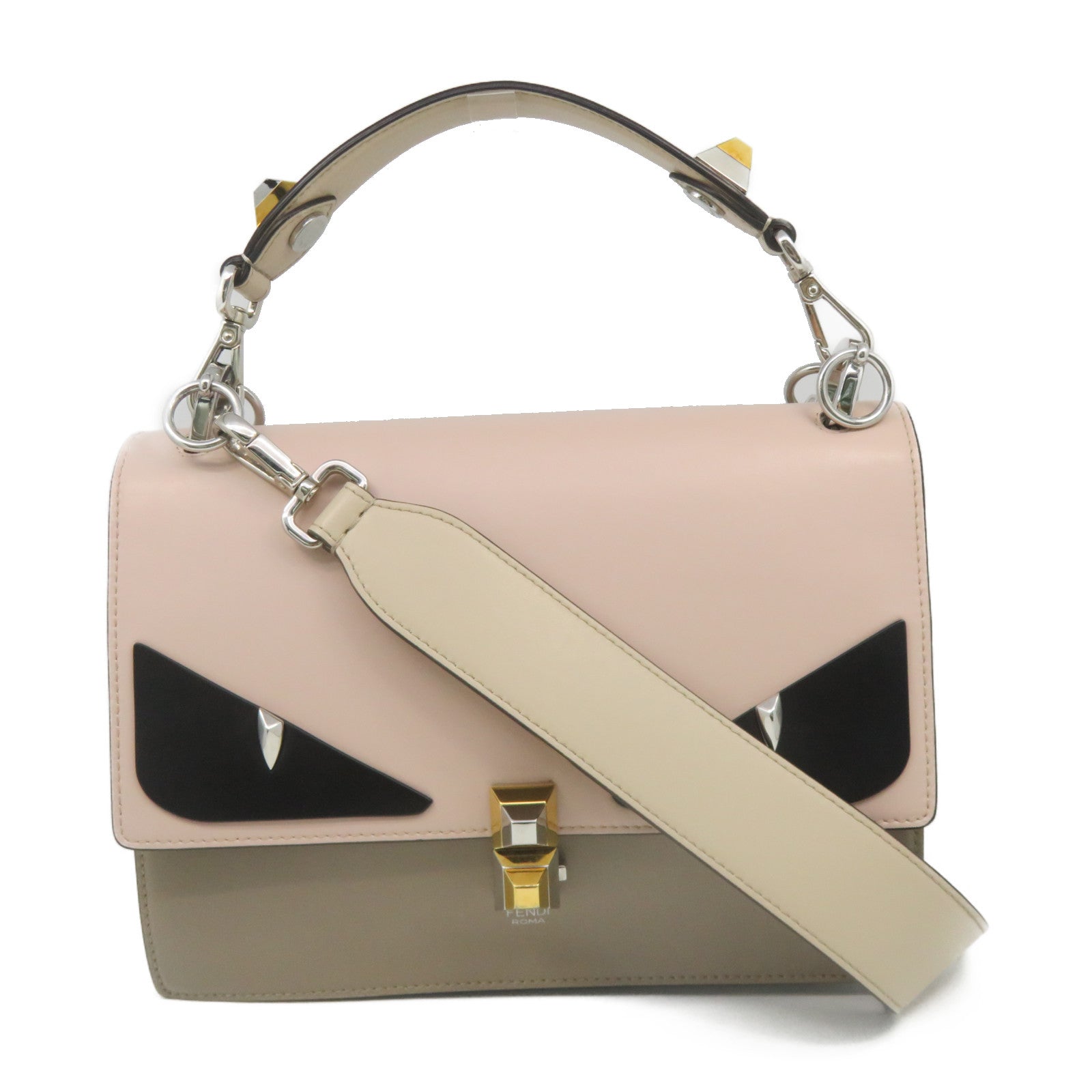 FENDI Cowhide Leather Kan I Silver Buckle Chain Shoulder Bag Pink