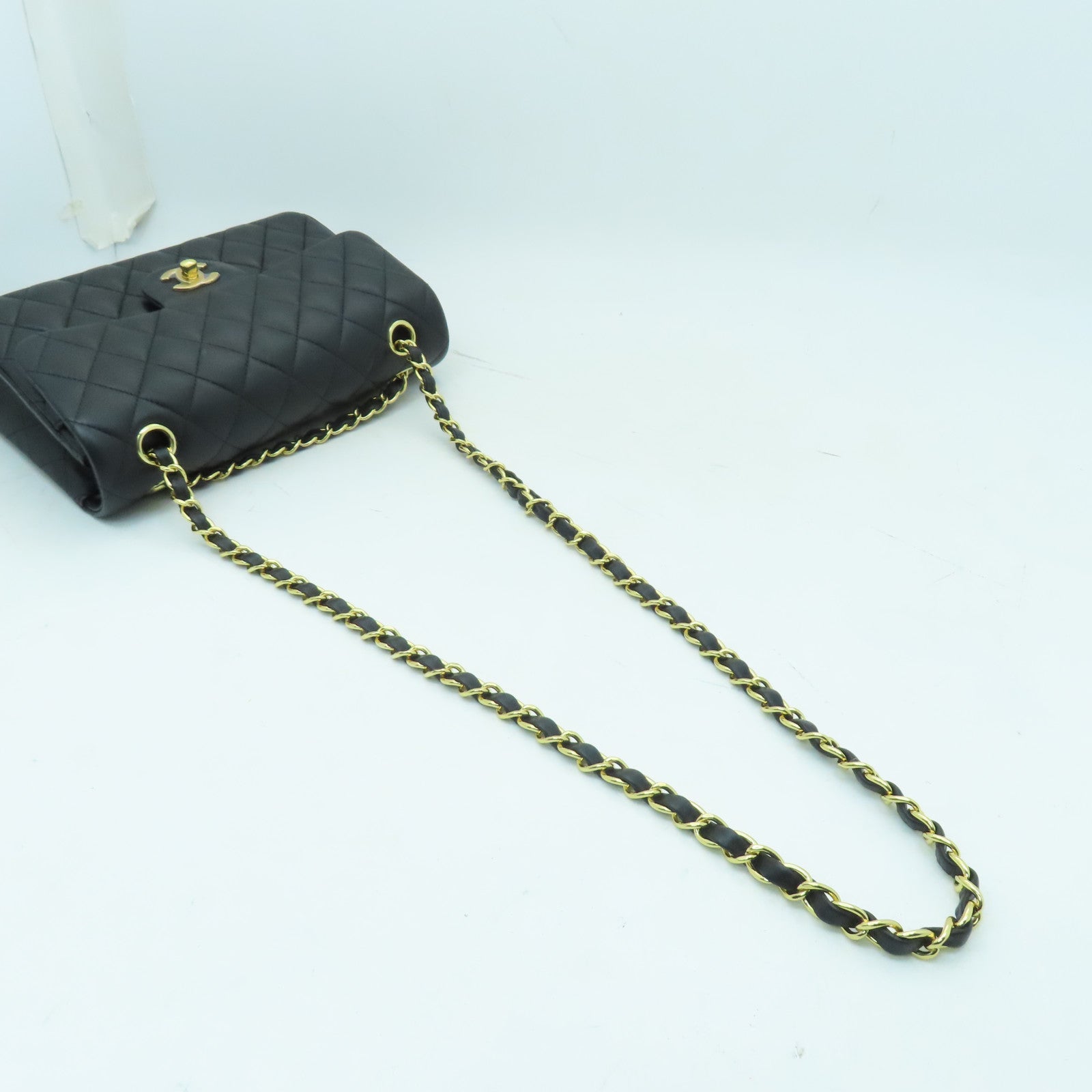 CHANEL 菱格羊皮皮革Classic 23金扣鏈帶肩背袋黑色