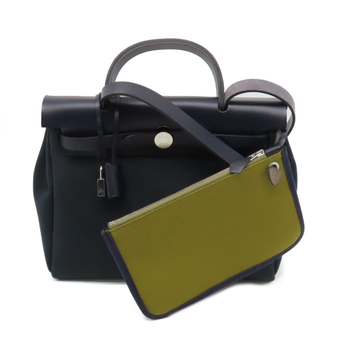 HERMES canvas Herbag PM silver buckle handle shoulder bag green