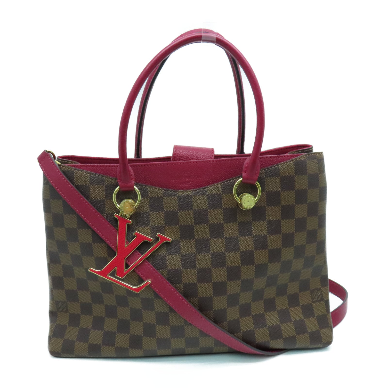 LOUIS VUITTON Damier Riverside Gold Buckle Handle Shoulder Bag Brown/Wine Red