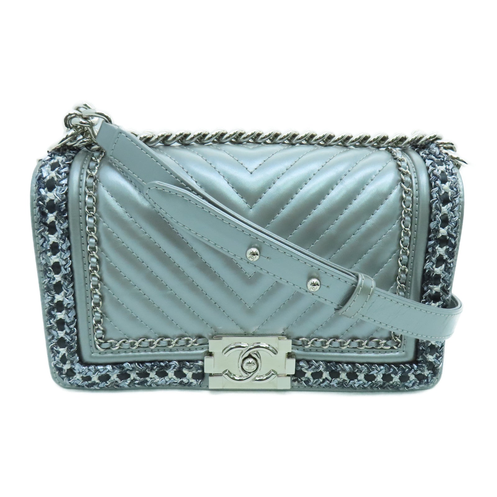 CHANEL cowhide leather Boy 25 Chain Shoulder chain silver buckle shoulder bag gray
