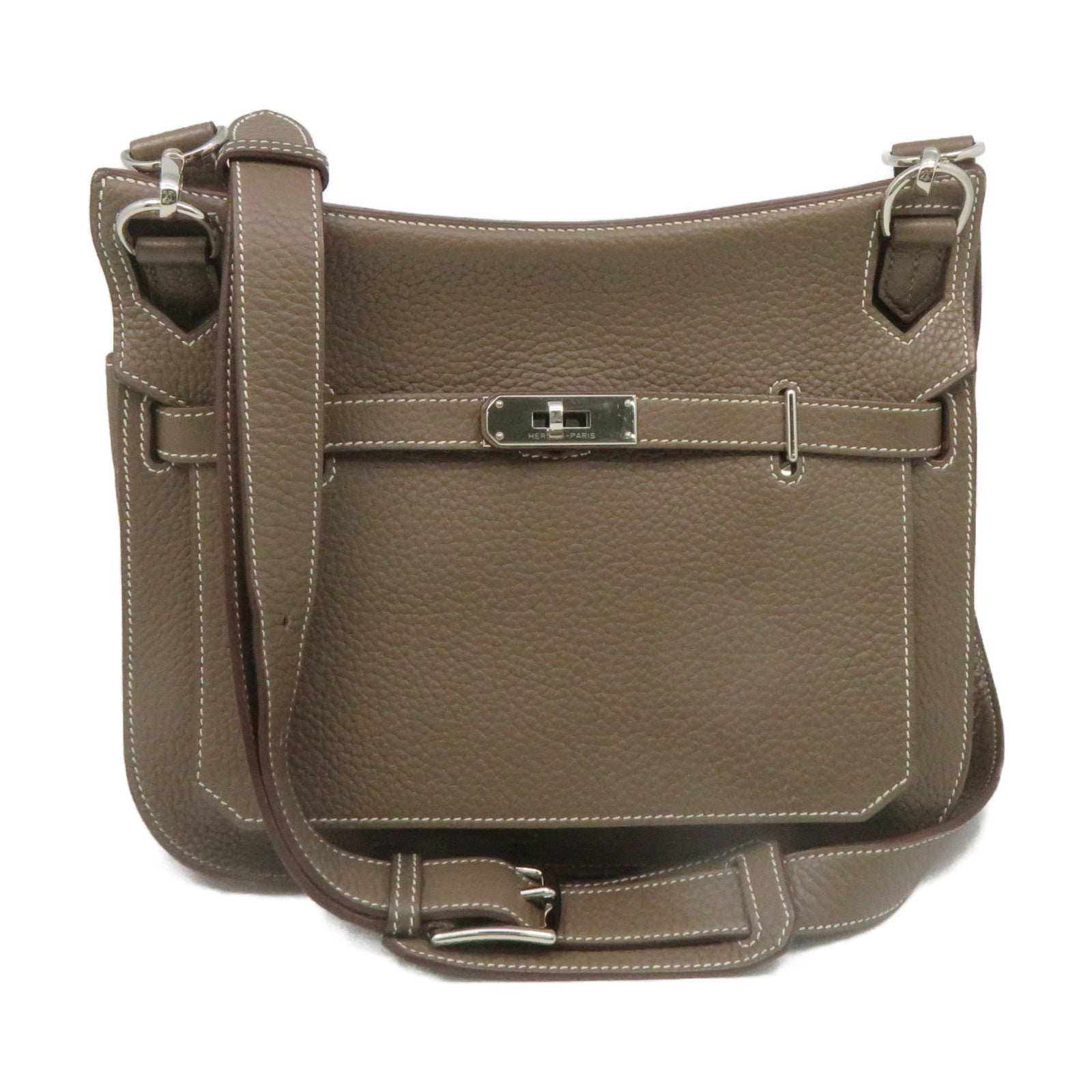 HERMES Clemence Leather Jypsiere 28 Silver Buckle Shoulder Bag Elephant Gray