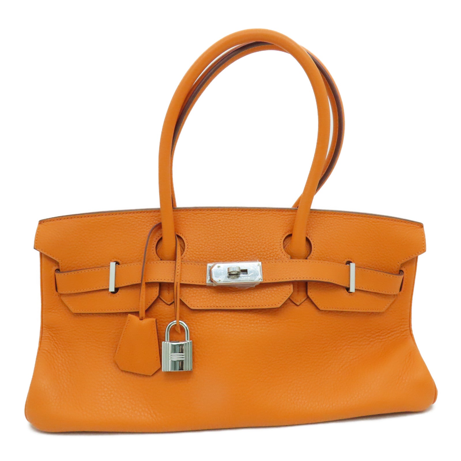 HERMES Clemence Leather Shoulder Birkin Silver Buckle Handbag Shoulder Bag Orange