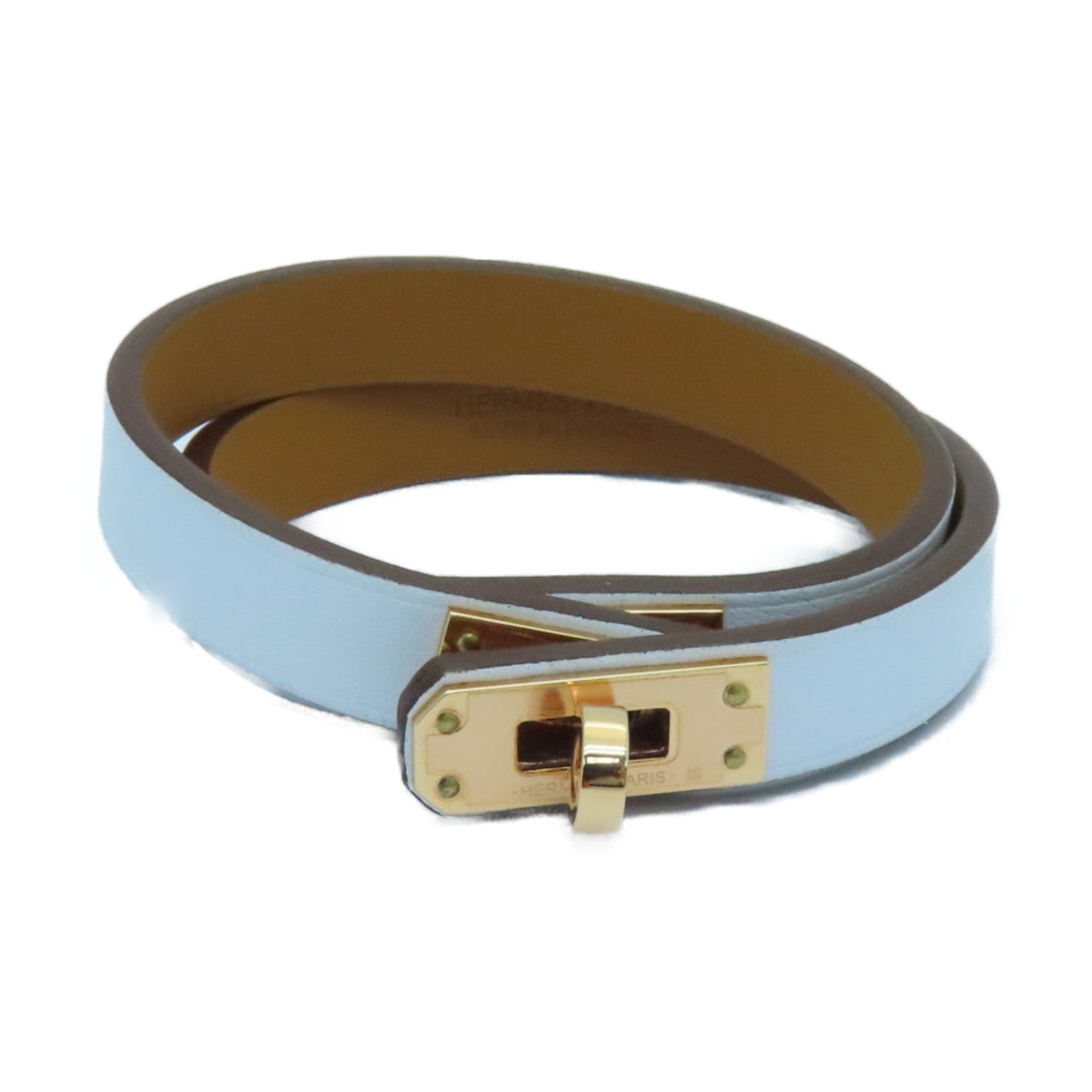 HERMES Swift Leather Mini Kelly Double Tour Gold Buckle Bracelet Bleu Brume Light Blue
