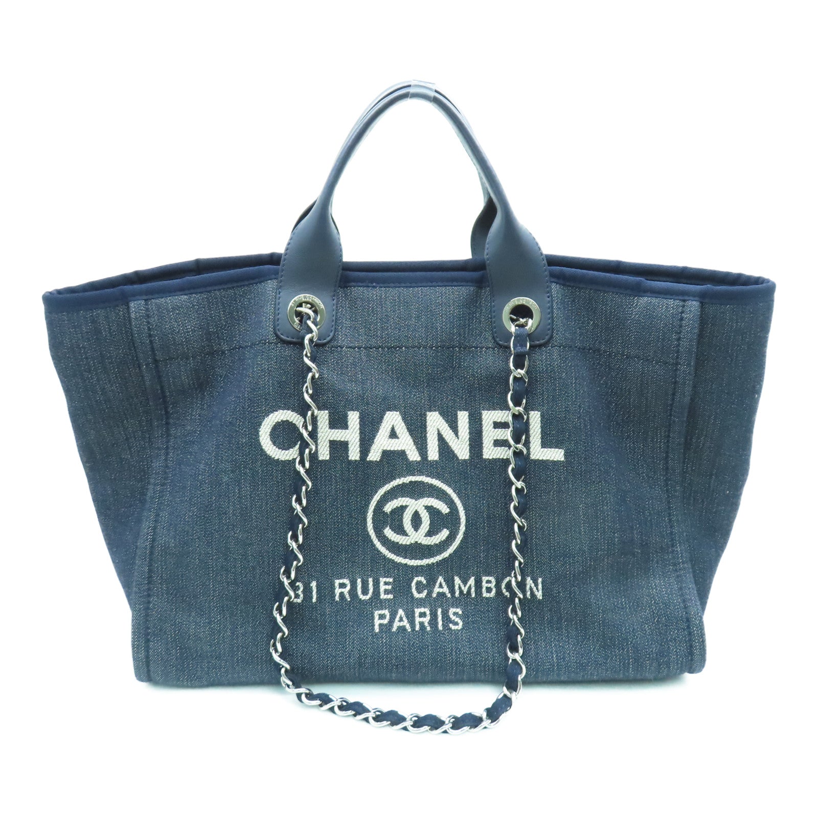 CHANEL Denim Deauville Shopping Tote Shoulder Bag Silver Buckle Dark Blue