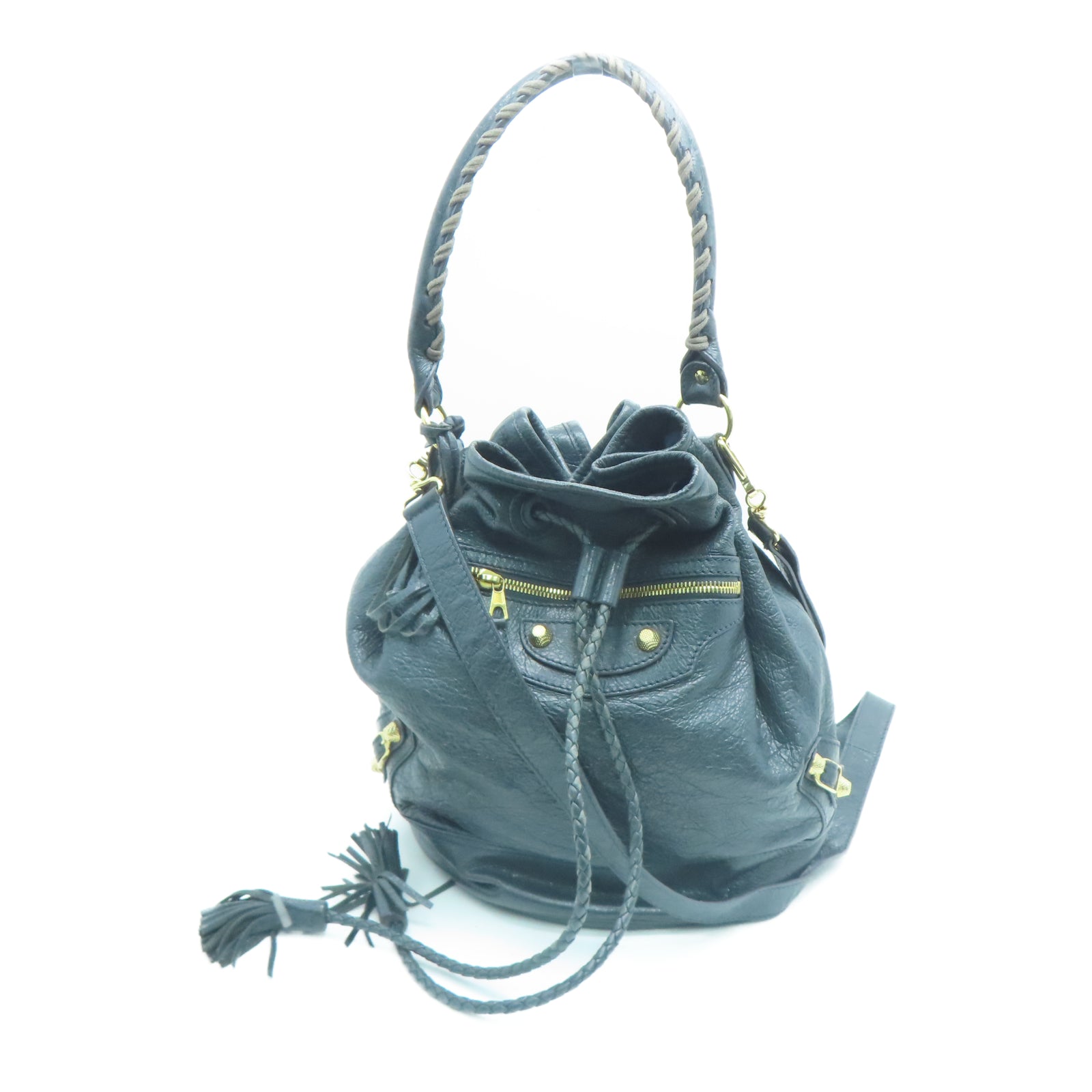 BALENCIAGA Cowhide Leather Giant Pom Pom Bucket Bag Gold Buckle Handle Shoulder Backpack Gray