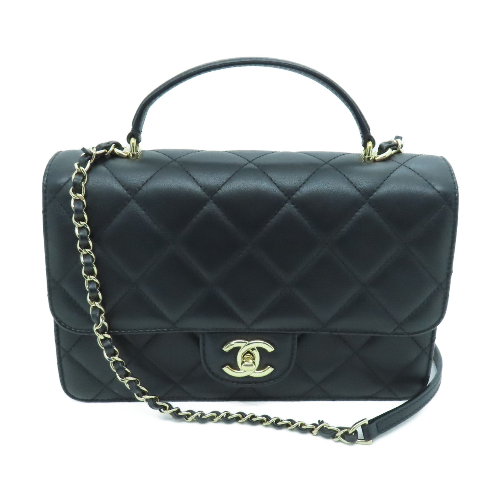 CHANEL Rhombus Calfskin Leather Flap Bag With Top Handle Gold Buckle Handle  Shoulder Back Dual-purpose Bag Black