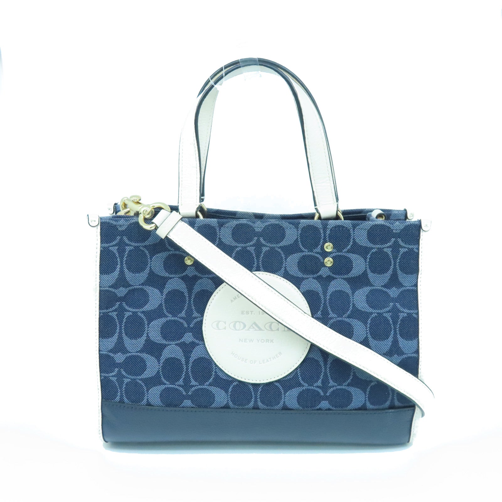 coach 2 way backpack COACH Canvas 2 Way Shoulder Gold Buckle Handle Shoulder Backpack Dark Blue/White