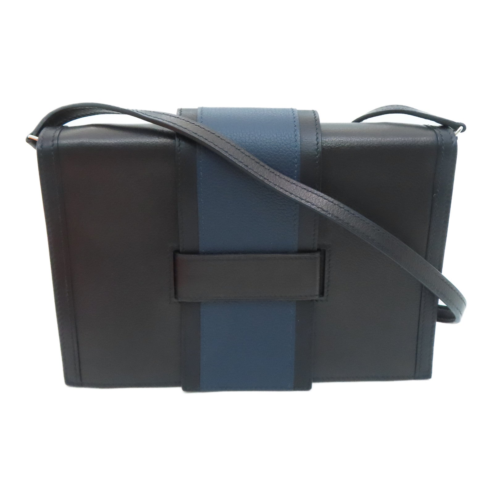 HERMES Evergrain/Evercolor Leather Pochette H Passant Silver Buckle Shoulder Bag Blue/Black
