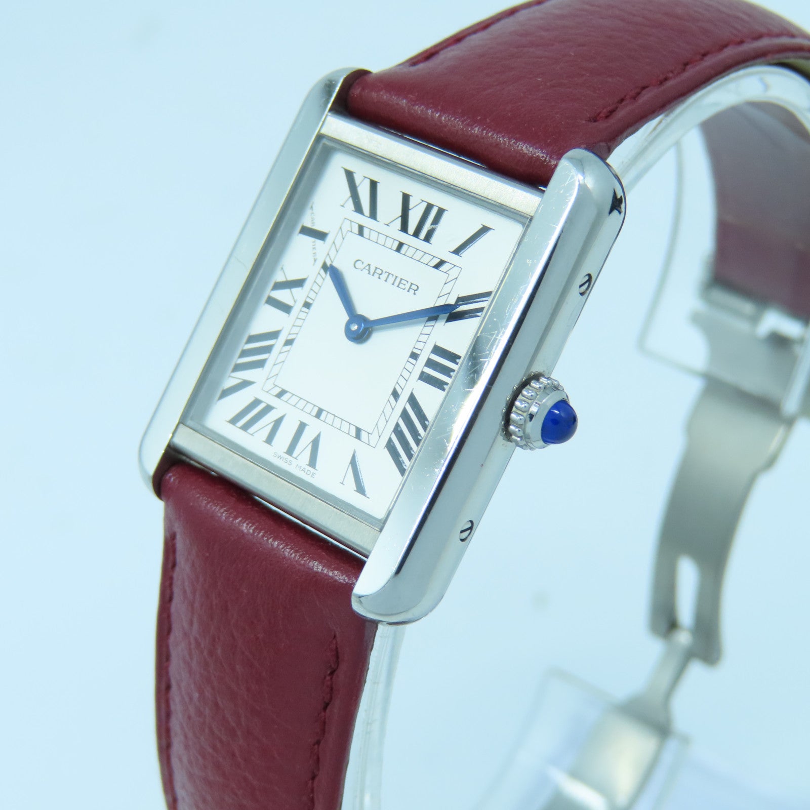 CARTIER Tank Solo Stainless Steel/Leather Band Watch Quartz Movement Red
