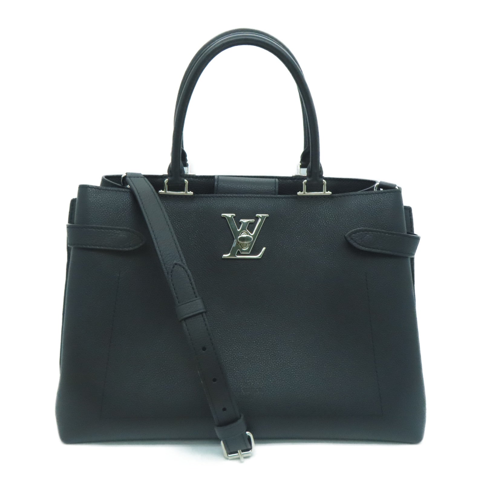 LOUIS VUITTON cowhide leather Lockme Day silver buckle handle shoulder bag  black