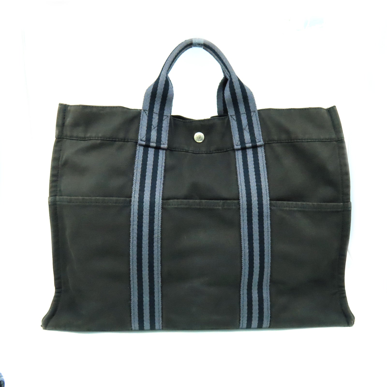 HERMES Canvas Tote Bag Silver Buckle Handle Bag Black