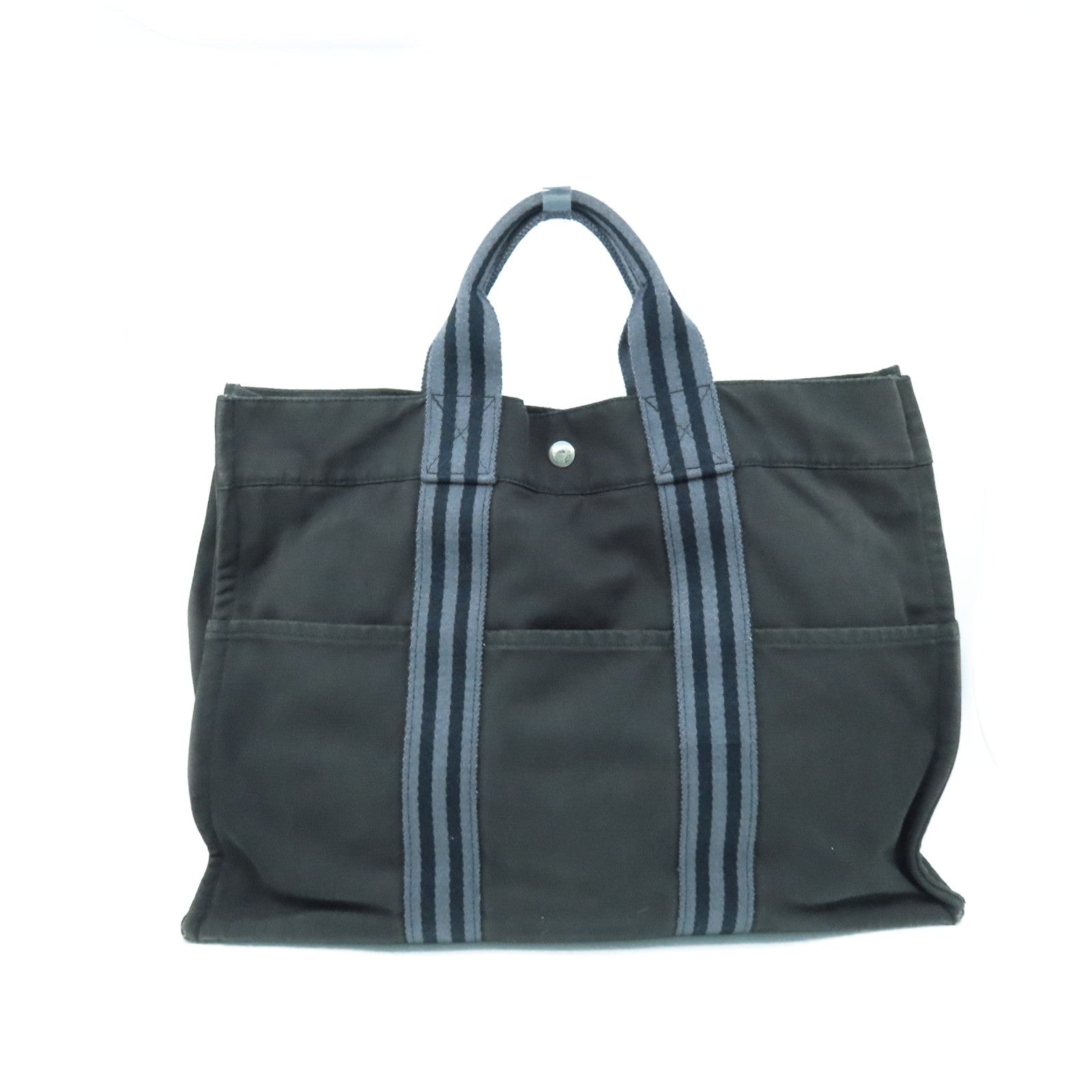 HERMES Canvas Tote Bag Silver Buckle Handle Bag Black