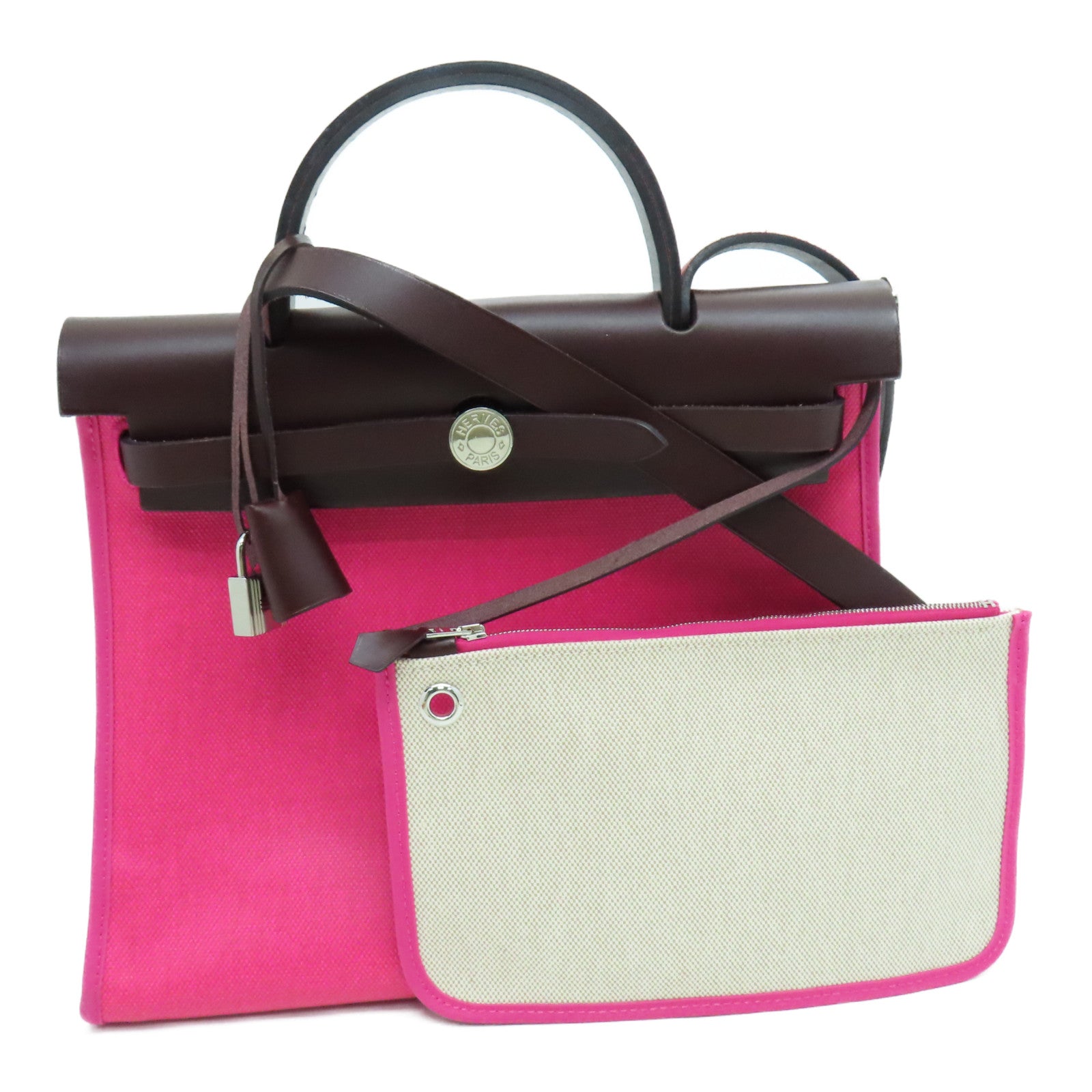 HERMES coated canvas Herbag PM silver buckle handle shoulder bag pink