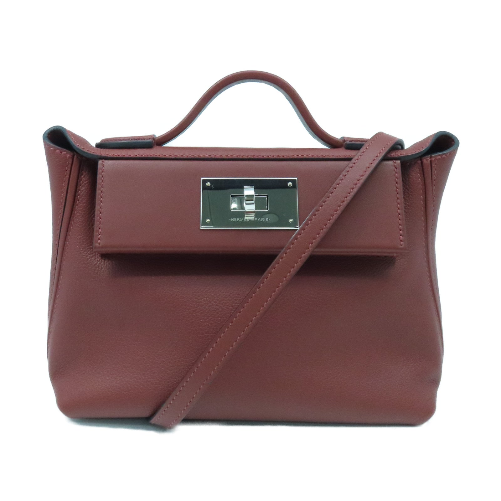 HERMES Evercolor Leather Mini 24/24 Silver Buckle Shoulder Bag RougeH  Burgundy