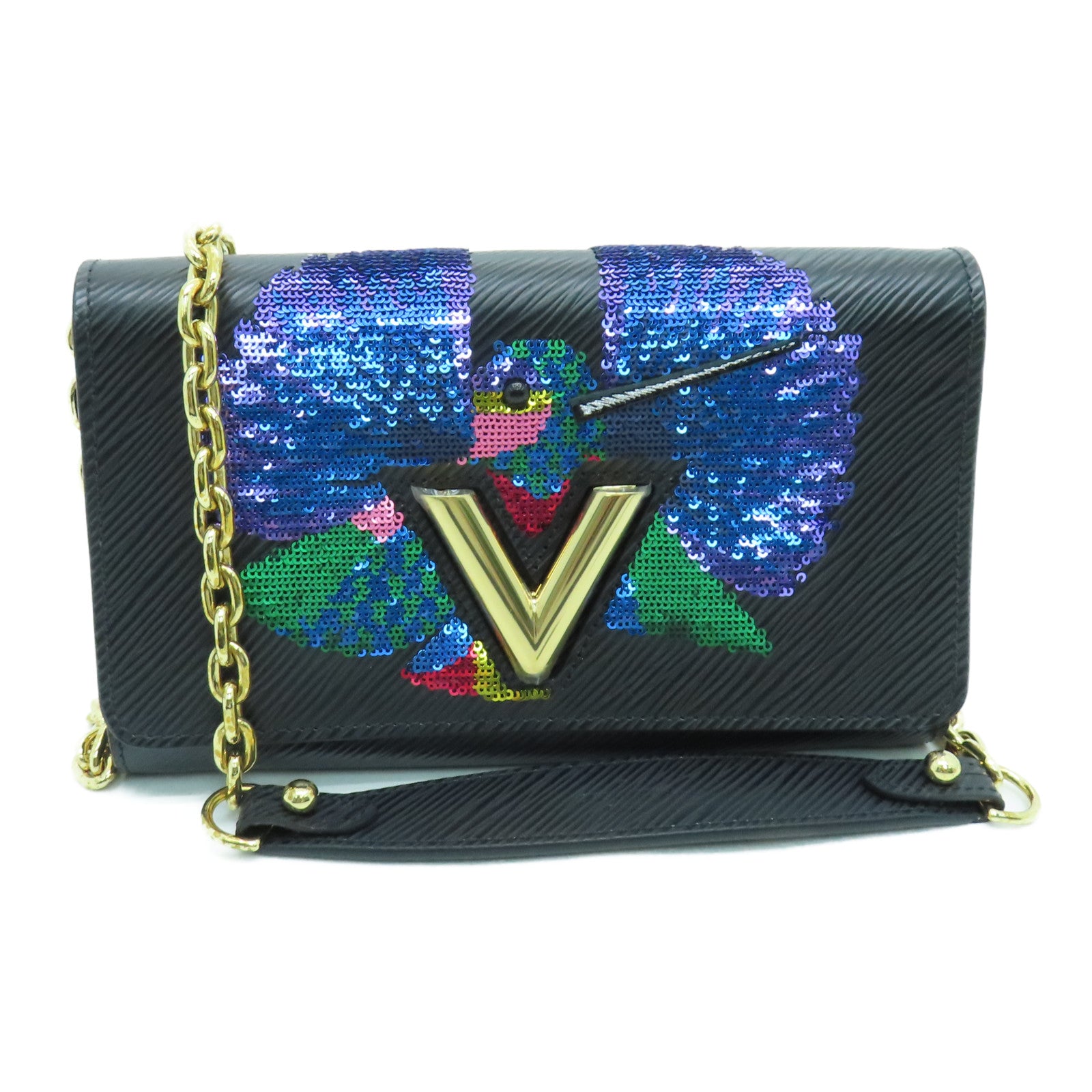 LOUIS VUITTON Epi Twist Sequin Bird Gold Buckle Chain Shoulder Bag Black