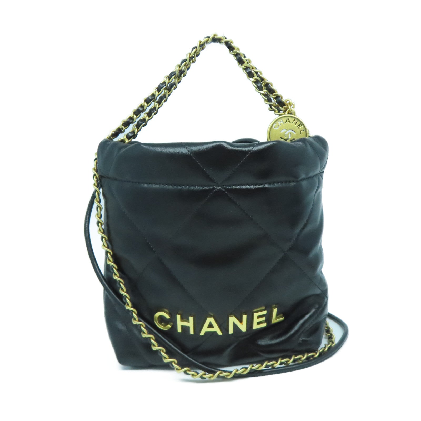 CHANEL 菱格牛皮皮革Mini C22金扣鏈帶肩背袋黑色