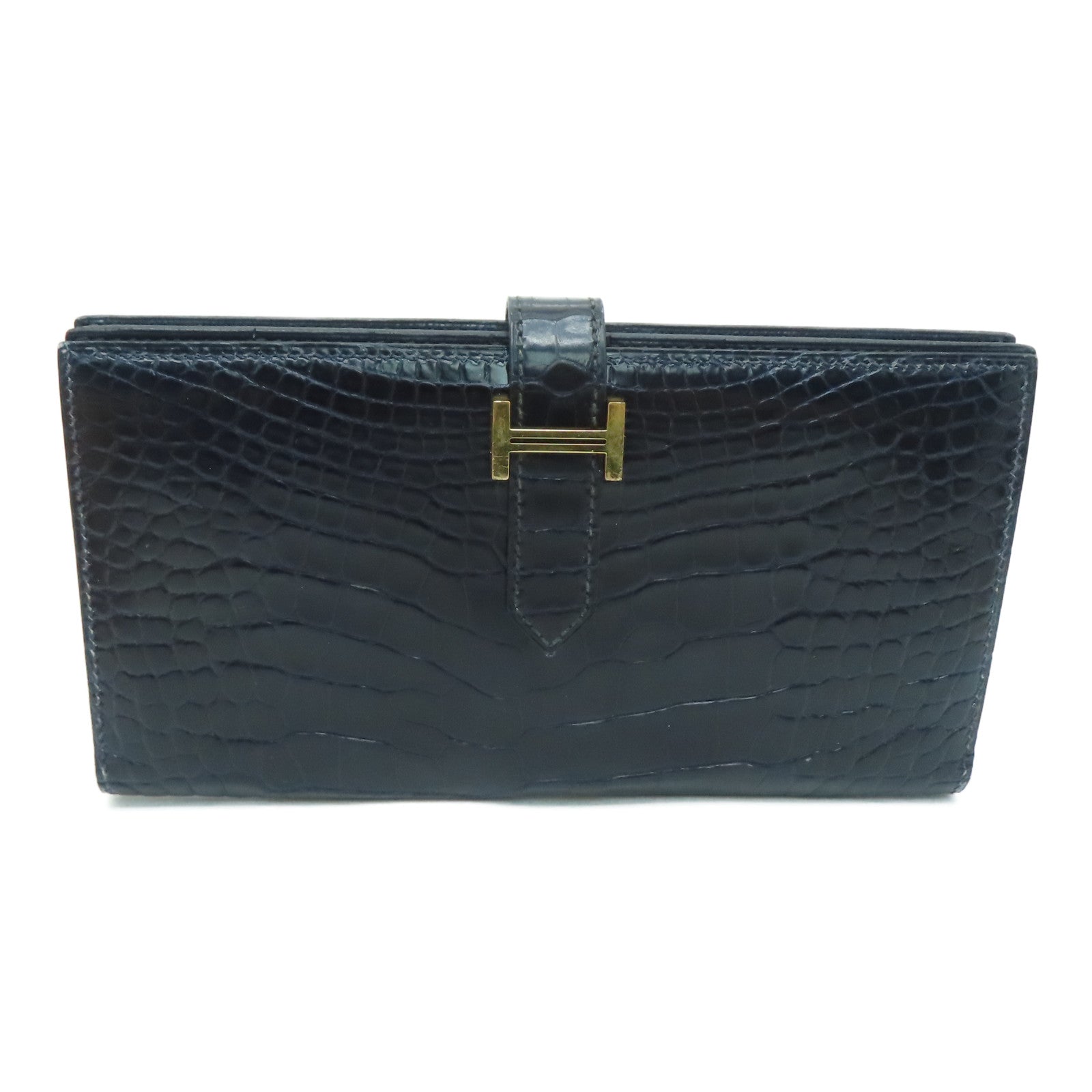 HERMES [Sharp Discount] Alligator Leather Bearn Long Wallet Gold Buckle  Long Wallet Marine/Dark Blue