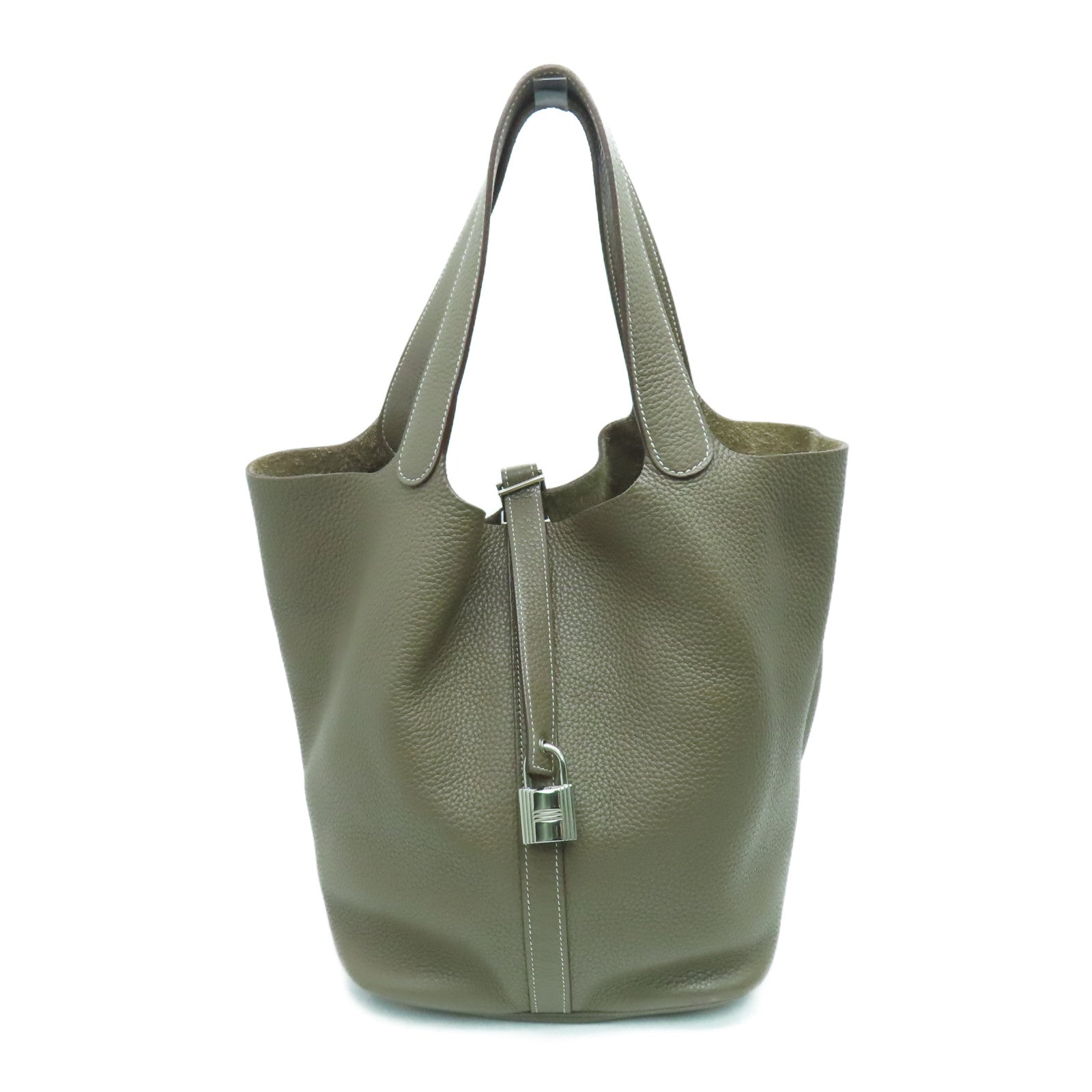 HERMES Clemence Leather Picotin GM Tote Bag Silver Buckle Gray