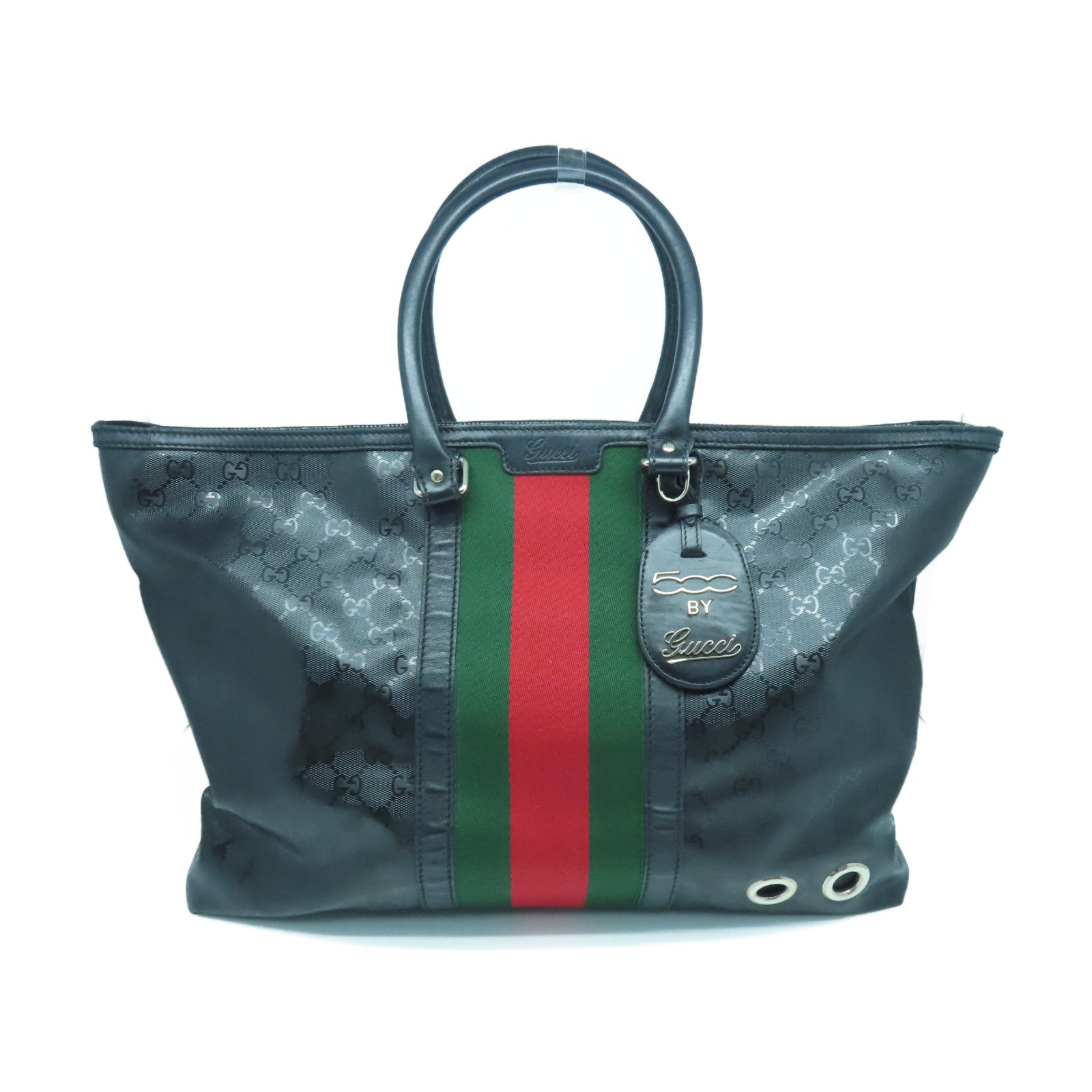 GUCCI Coated Canvas Imprime Monogram Web 500 Tote Silver Buckle Handle Bag Black