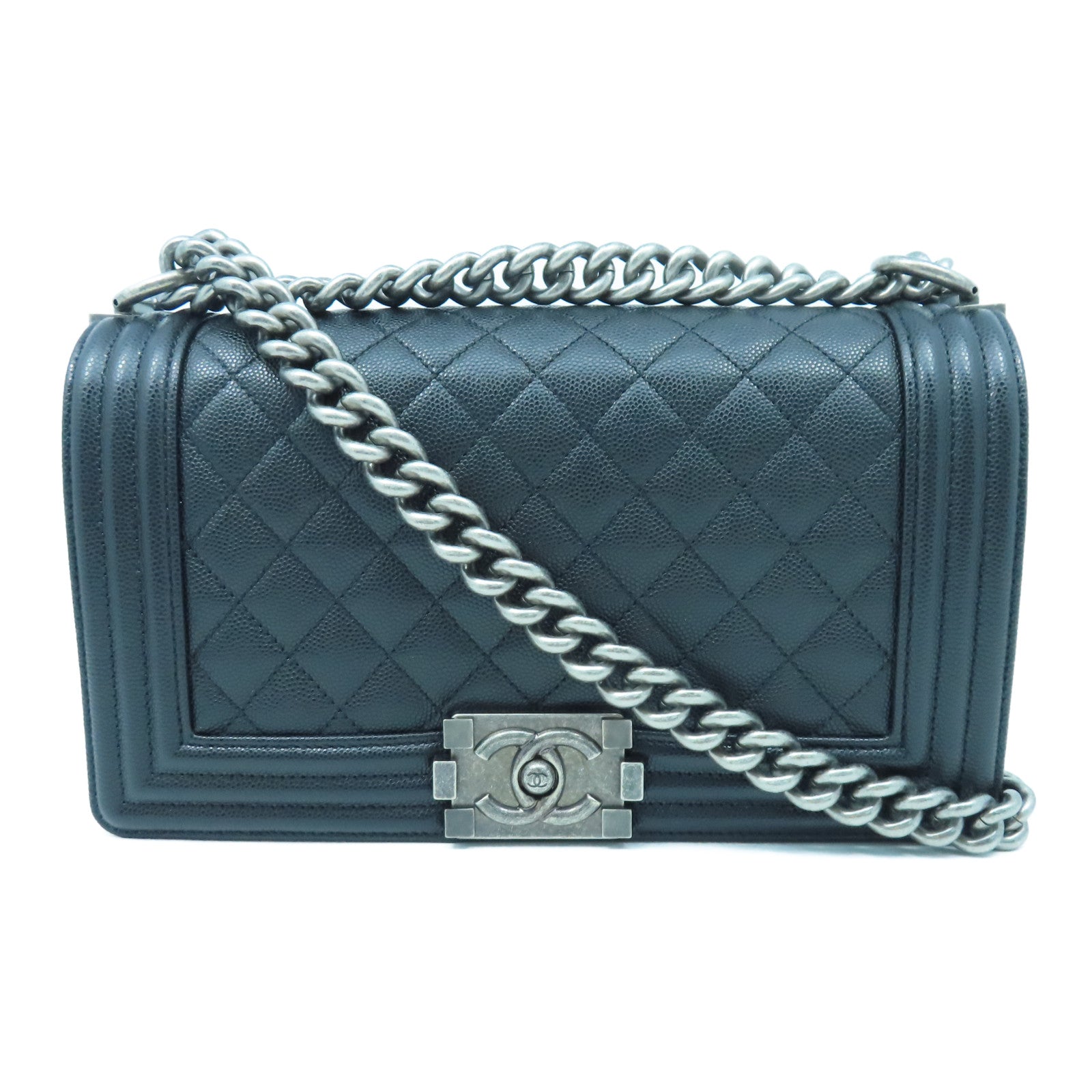 CHANEL Rhombus Caviar Leather Boy 25cm Silver Buckle Chain