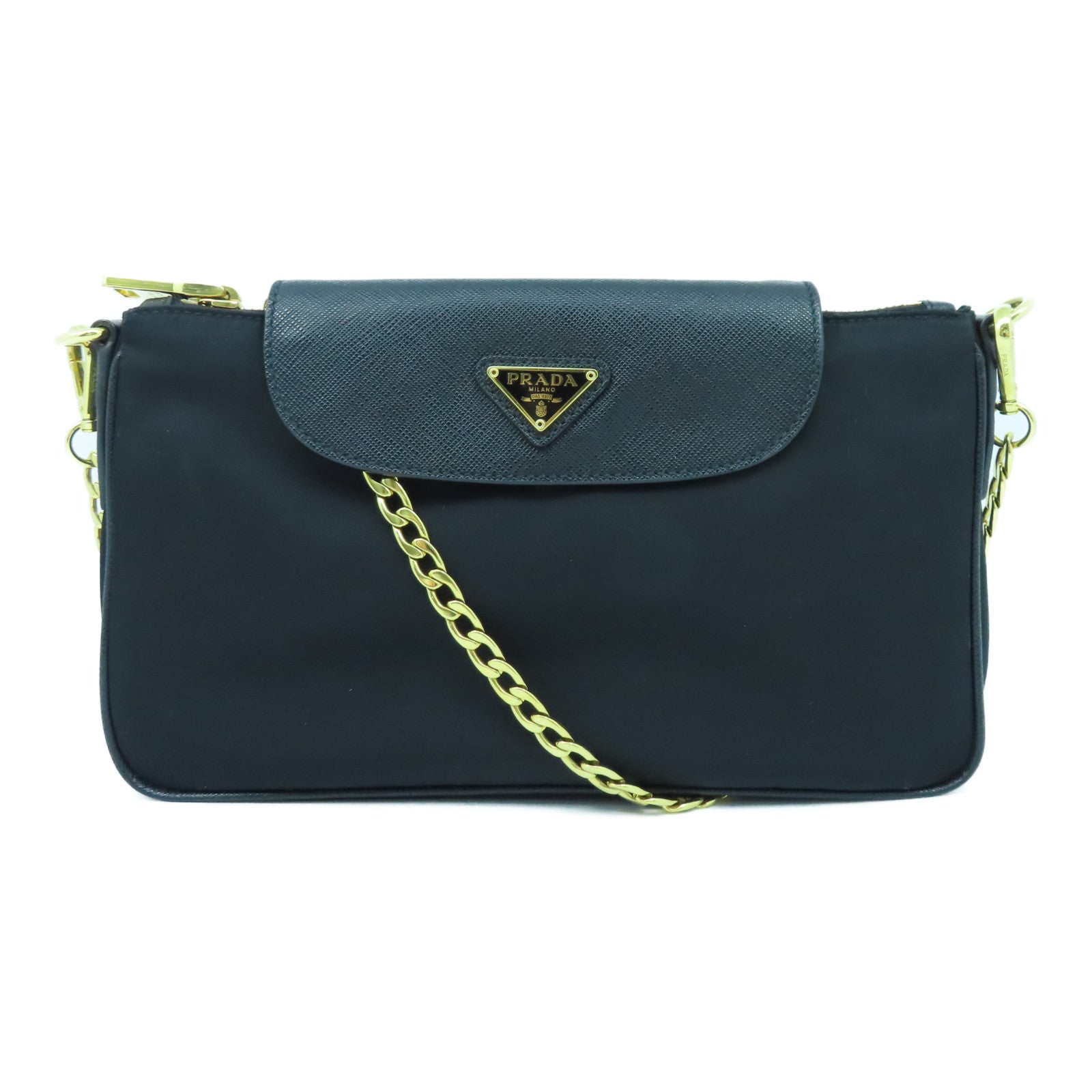 PRADA Nylon/Saffiano Leather Chain Shoulder Gold Buckle Chain