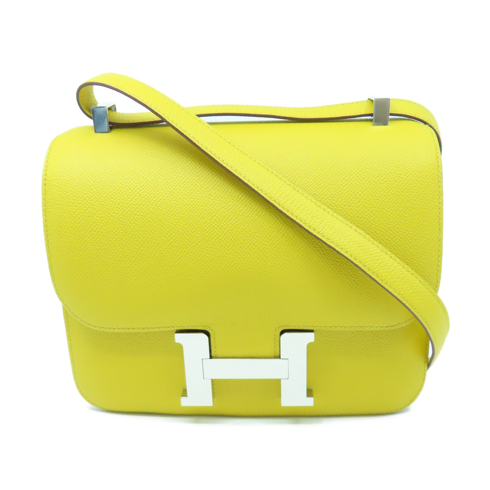 HERMES Veau Epsom Leather Constance 24 Silver Buckle Handle Shoulder Bag Amber Yellow