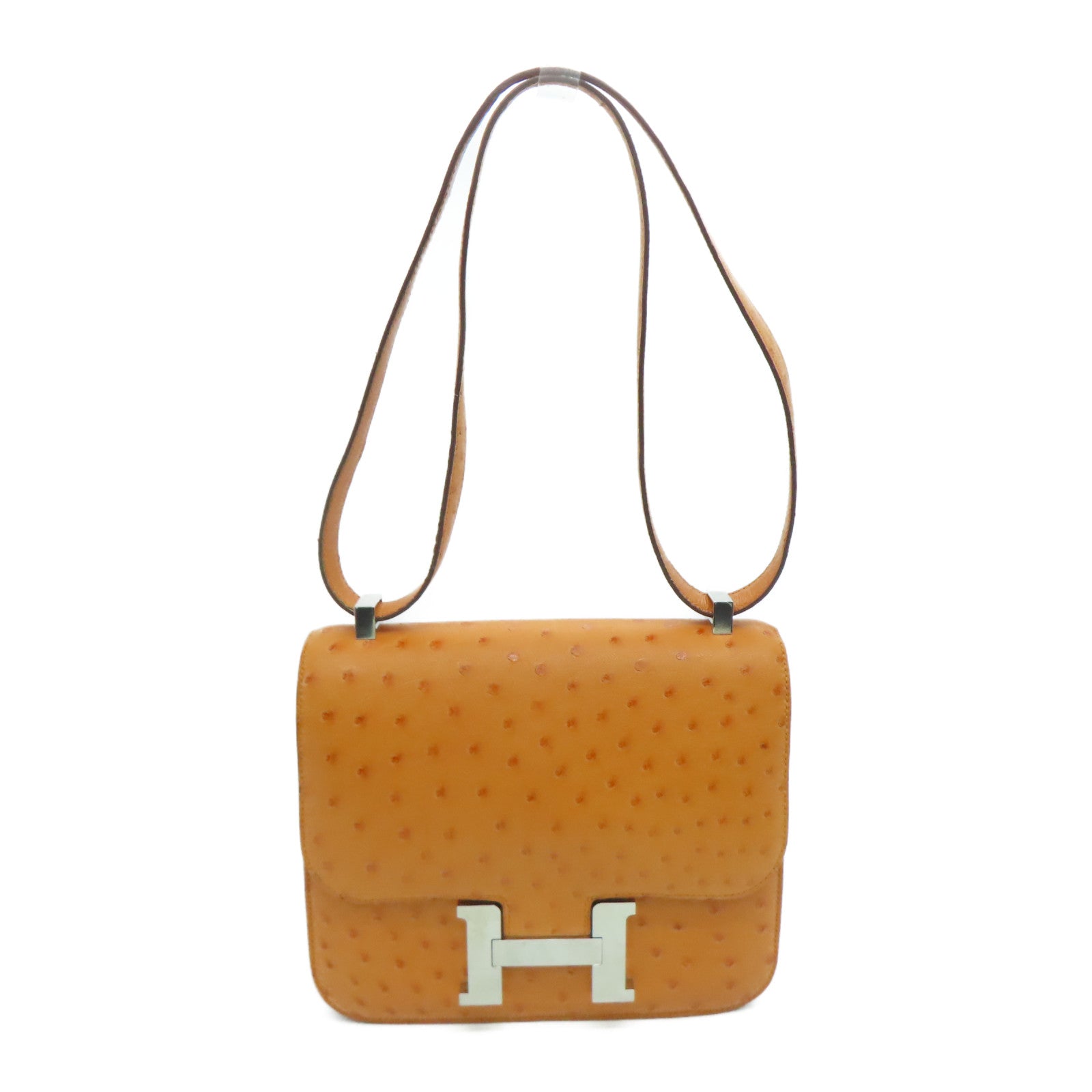 HERMES Ostrich Leather Constance 24 Silver Buckle Shoulder Bag Apricot Beige