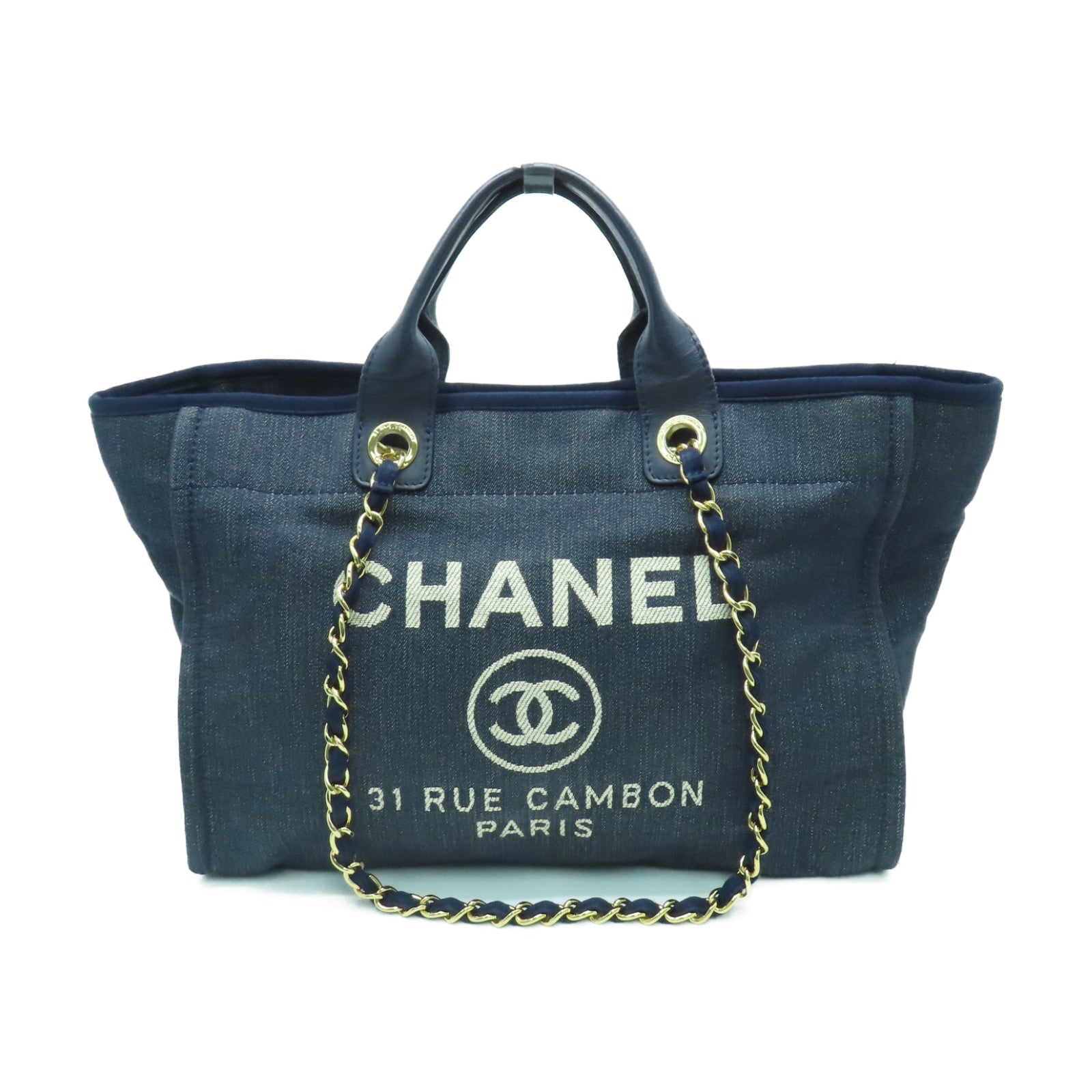 CHANEL Denim Tote Bag gold buckle handle shoulder bag blue