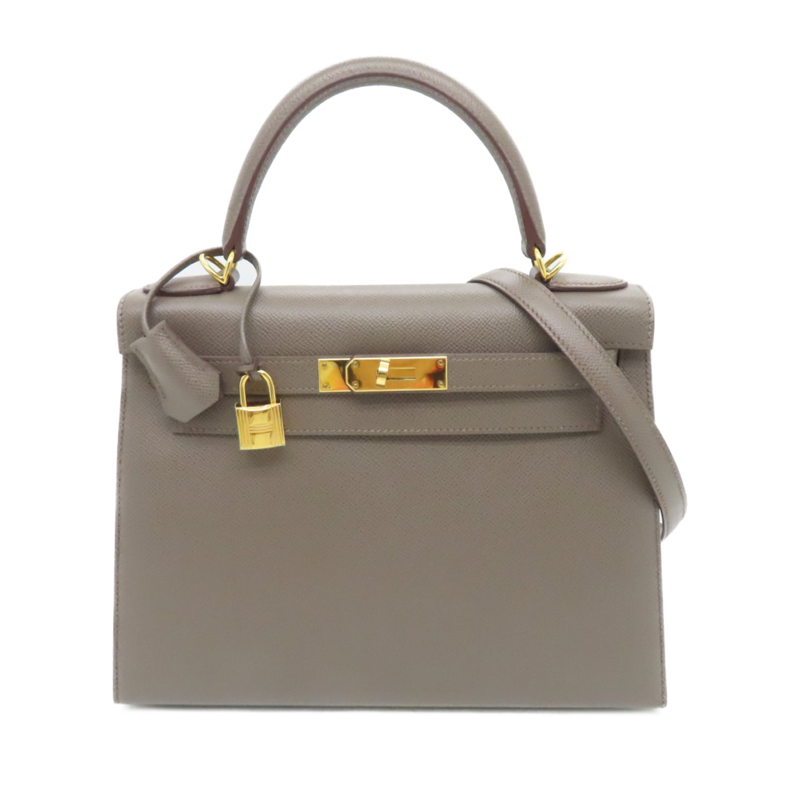 HERMES Veau Epsom Leather Kelly 28 Gold Buckle Handle Shoulder Bag Elephant Gray