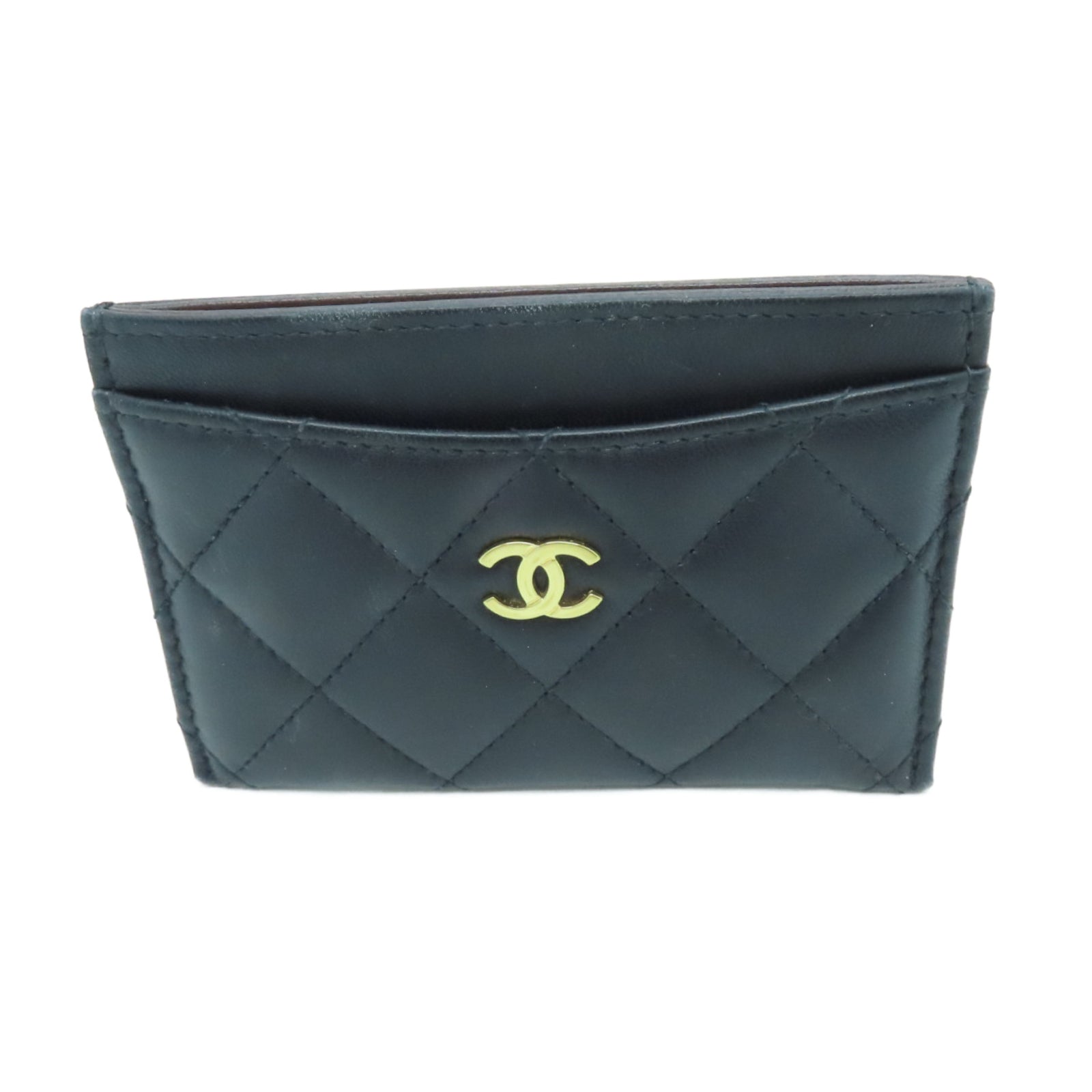CHANEL Rhombus Sheepskin Leather Card Case Gold Buckle Card Holder Black