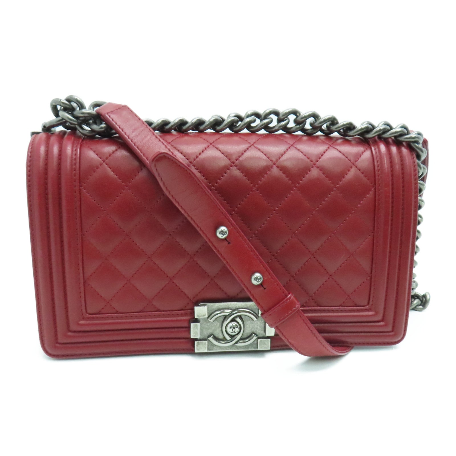 CHANEL rhombic cowhide leather Boy 25cm silver buckle shoulder bag maroon