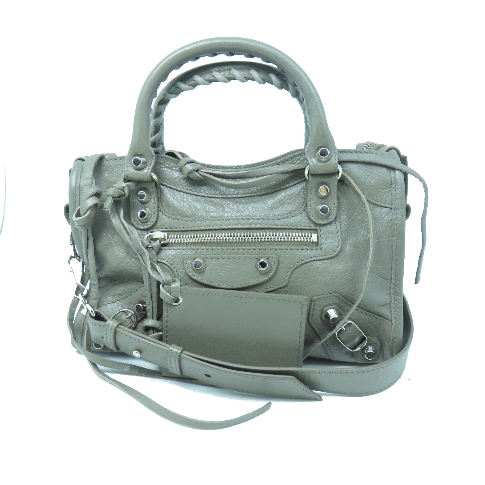 BALENCIAGA Cowhide Leather Mini City Silver Buckle Handle Shoulder Backpack Gray