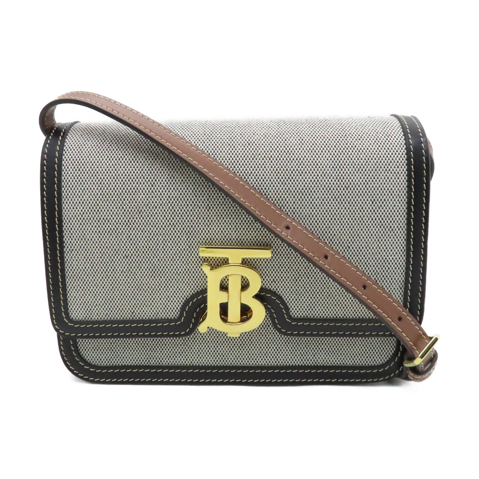 BURBERRY Canvas/Cowhide Leather Shoulder Bag Gold Buckle White/Black/Brown