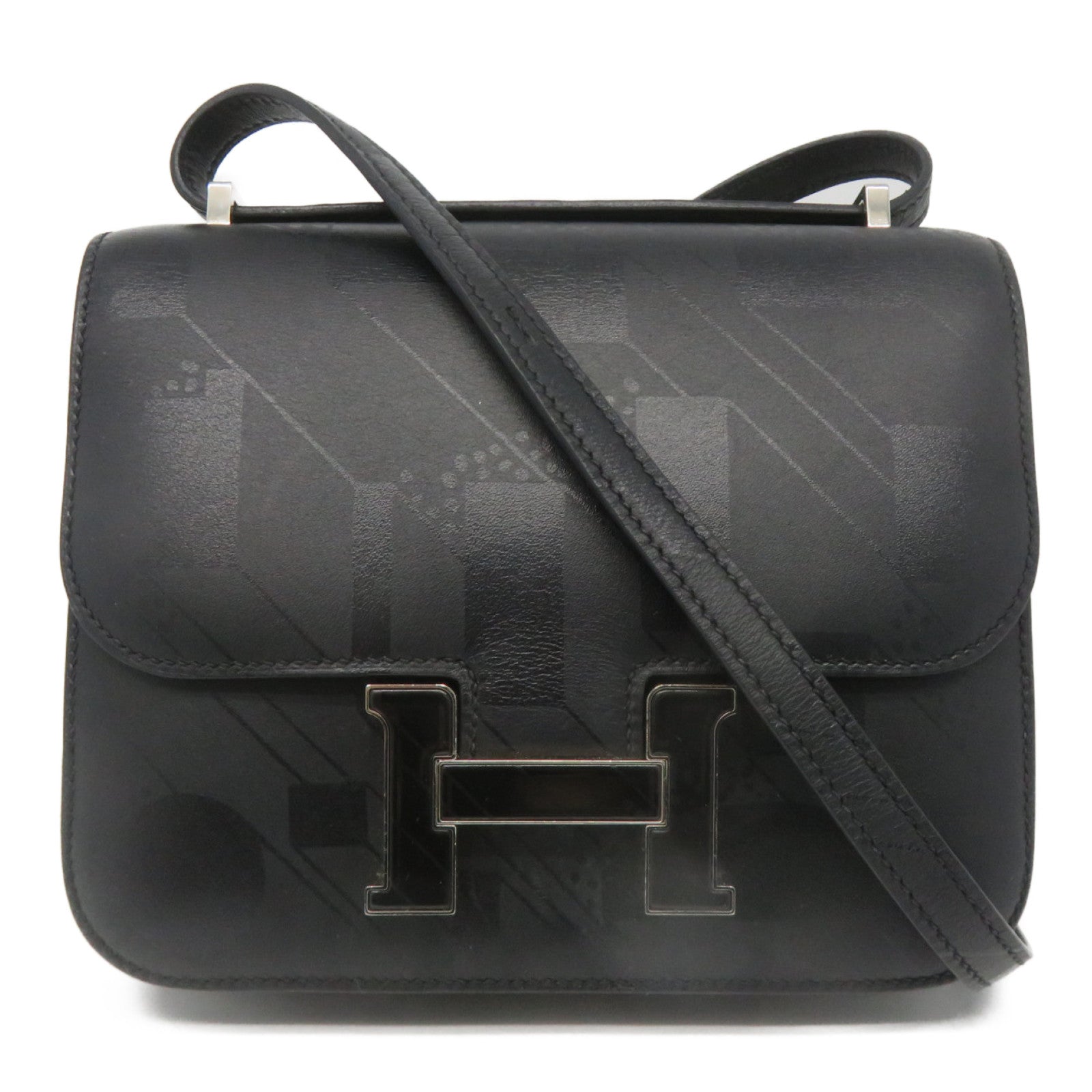 HERMES 牛皮皮革Mini Constance On A Summer Night银扣肩背袋Noir黑色