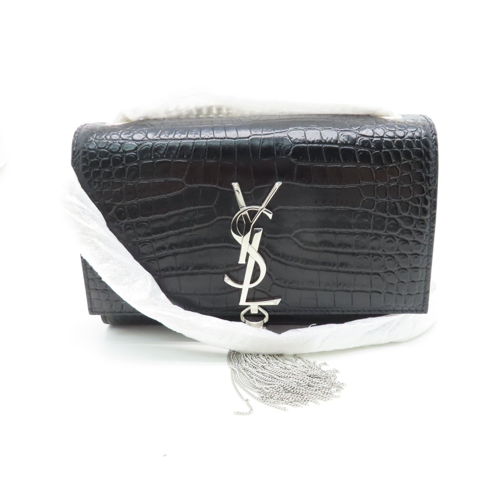 YVES SAINT LAURENT Calf Leather Kate Small Chain Bag Silver Buckle Chain Strap Shoulder Bag Black