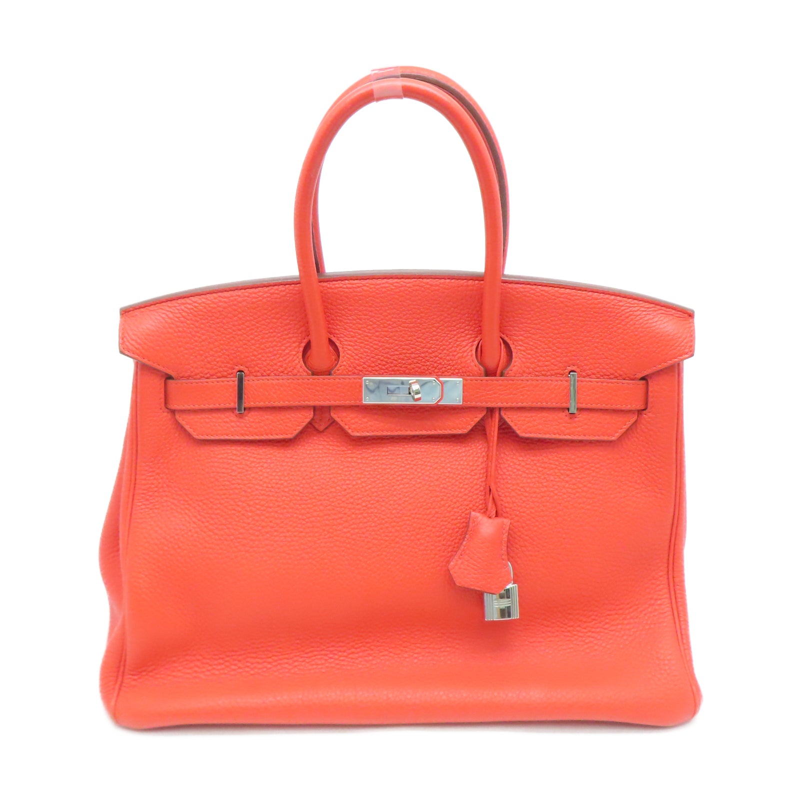 HERMES Togo Leather Birkin 35 Silver Buckle Hand Bag Fire Orange