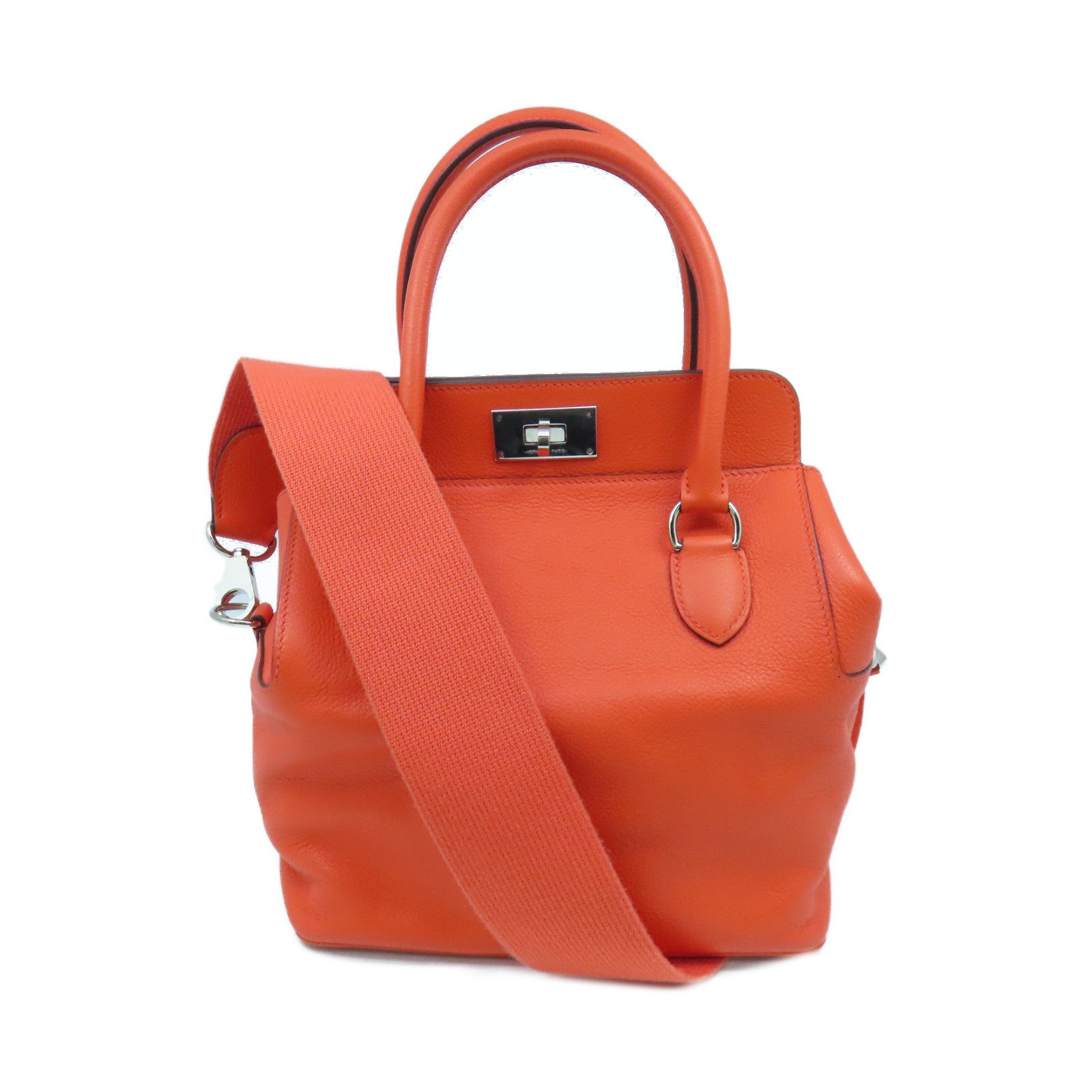 HERMES Evercolor Toolbox 20 Silver Buckle Shoulder Bag Orange Poppy Orange