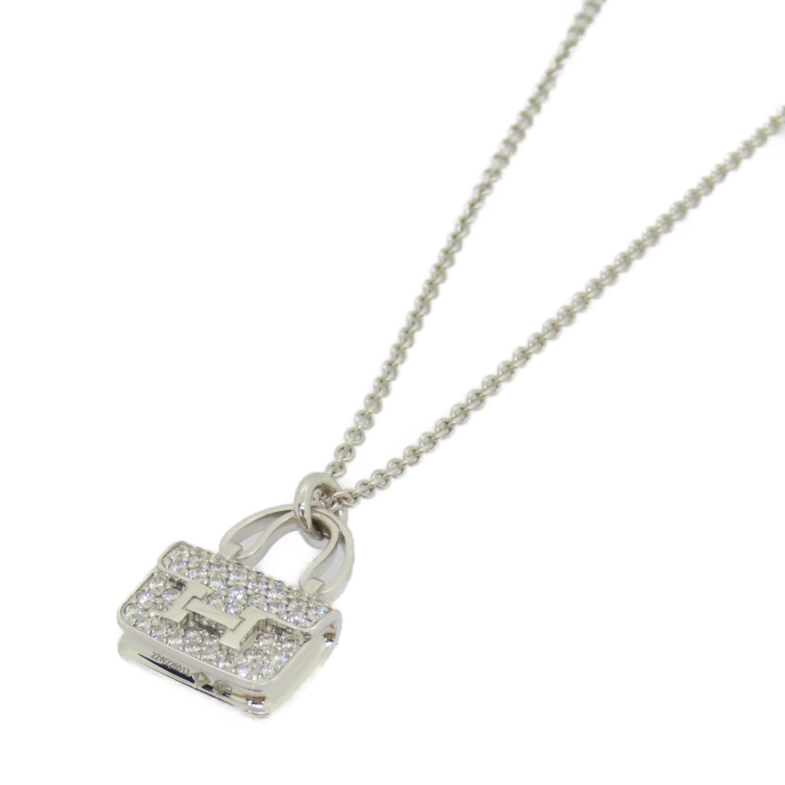 HERMES 18K White Gold Amuletts Constance Pendant Diamond Necklace