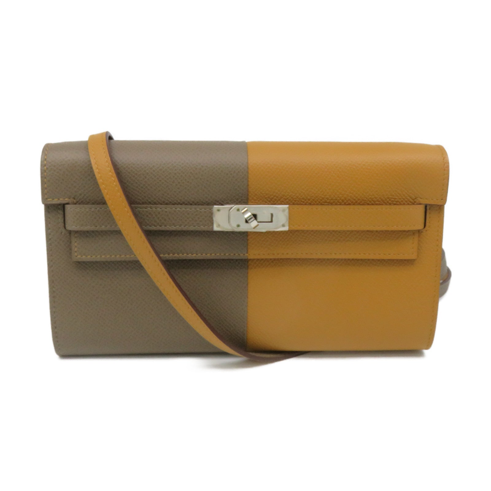 HERMES Epsom Leather Kelly To Go Wallet Shoulder Bag Silver Buckle Wallet  Shoulder Bag Etain Brown
