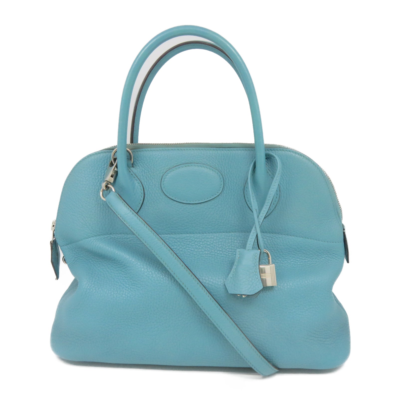 HERMES [Sharp Discount] Clemence Leather Bolide 31 Silver Buckle Clutch Blue