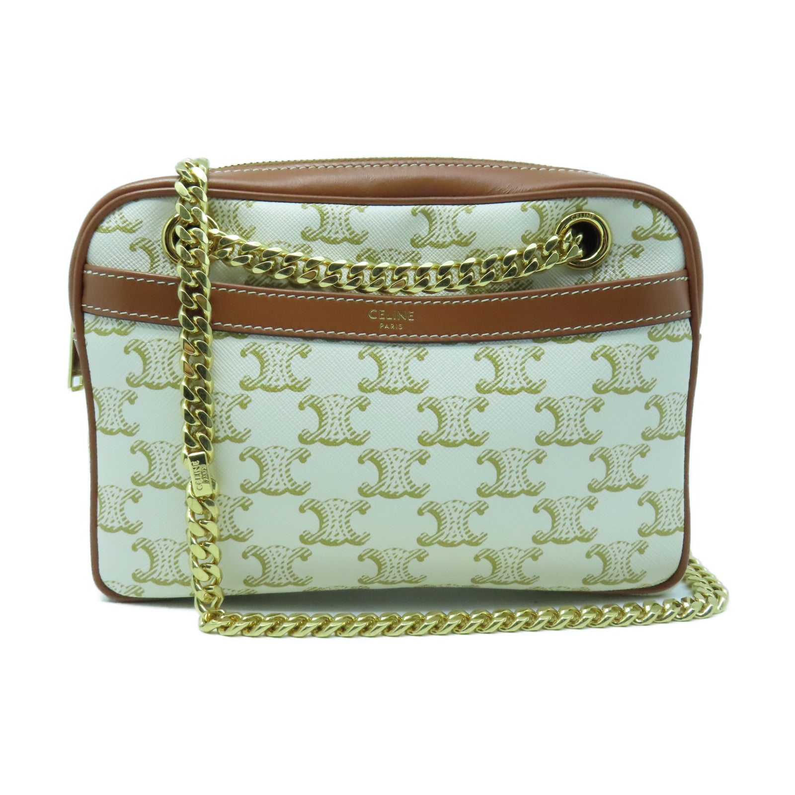 CELINE Coated Canvas Small Patapan Bag Gold Buckle Chain Strap Shoulder Bag White/Brown
