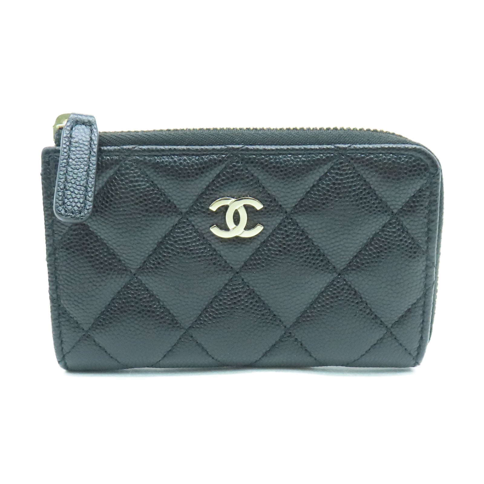 CHANEL Rhombus Caviar Leather Card Case Gold Buckle Card Holder Black