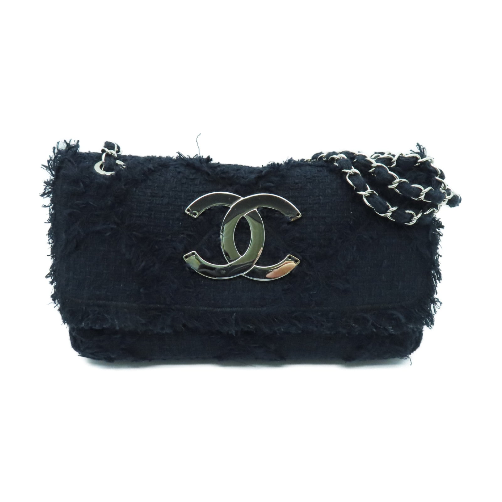 CHANEL rhombic tweed Chain Shoulder Bag silver buckle chain