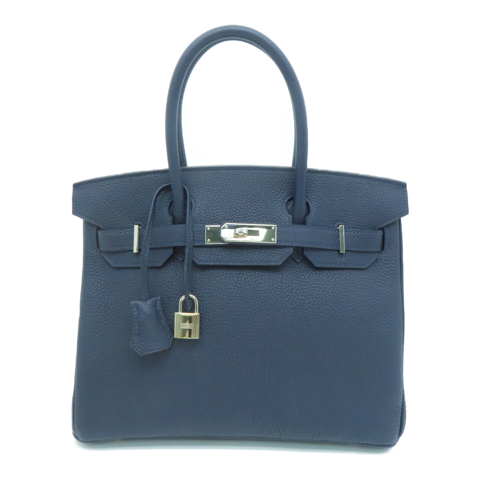 HERMES Clemence Leather Birkin 30 Silver Buckle Handle Bag Blue/
