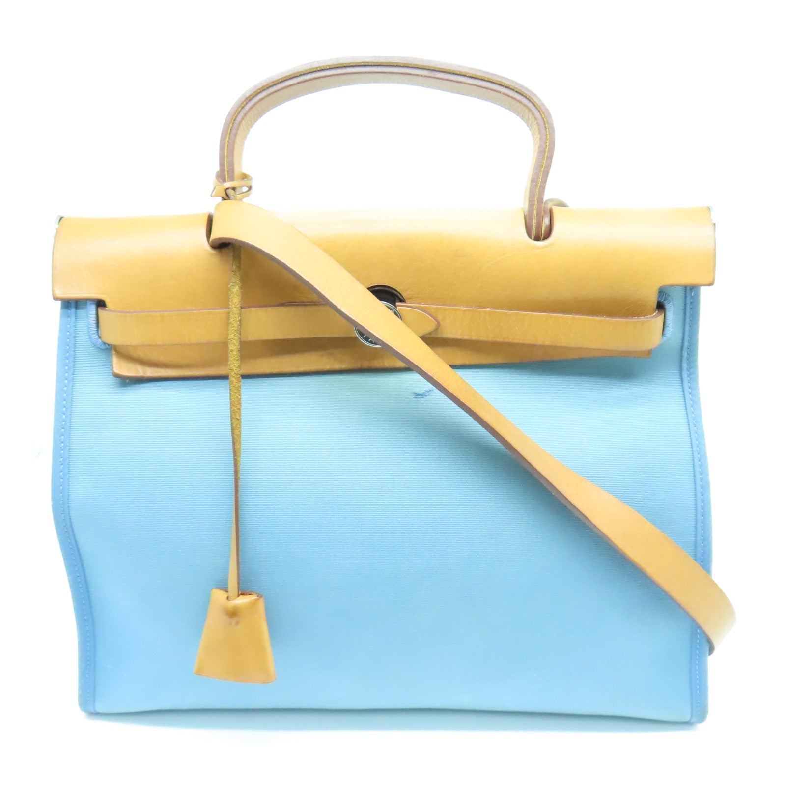 HERMES Canvas Herbag PM Silver Buckle Handle Shoulder Bag Light Blue/Brown