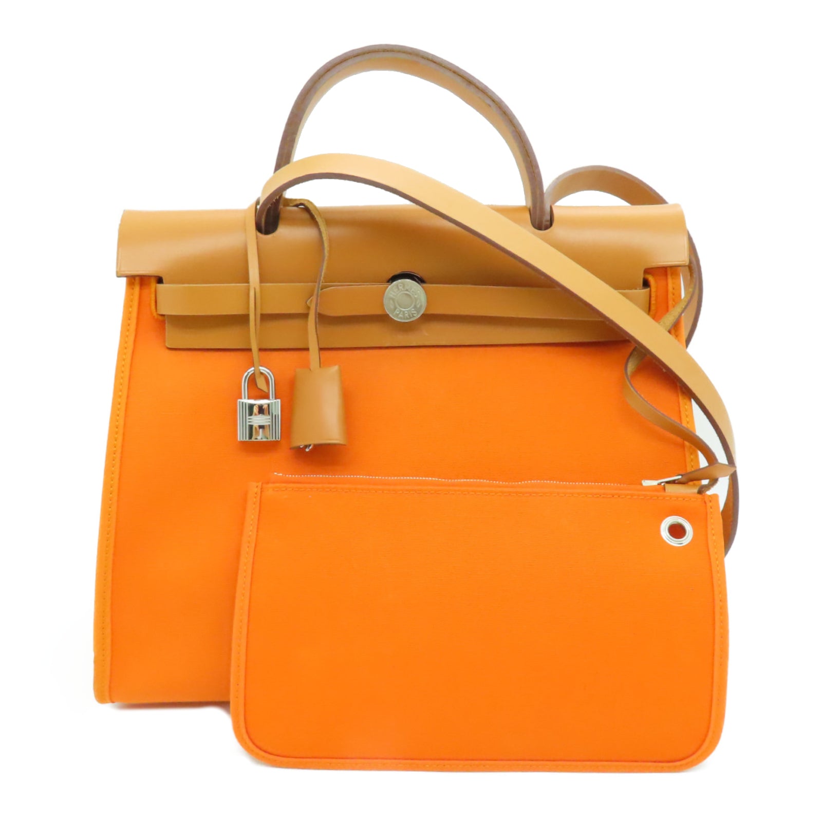 HERMES canvas Herbag PM silver buckle handle shoulder bag Orange orange