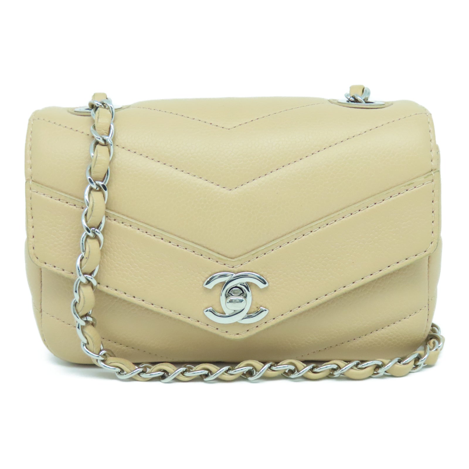 CHANEL twill cowhide leather Chain Shoulder Bag silver buckle chain  shoulder bag beige