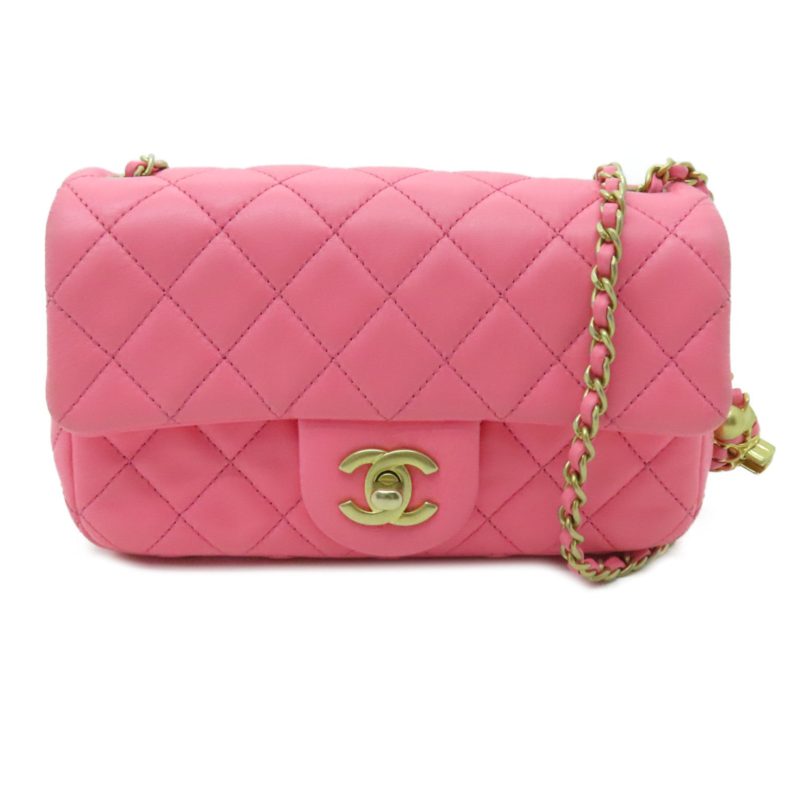 CHANEL 【清倉大減價】菱格羊皮皮格Chain Shoulder金扣鏈帶肩背袋粉紅色